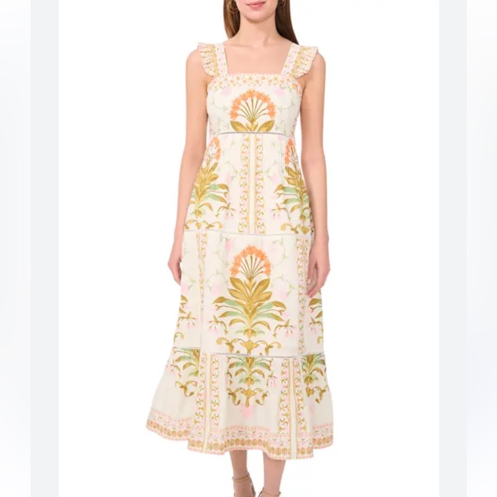 CeCe Floral Pintuck Sleeveless Tiered Milkmaid Midi Dress Pink Coral 2024 NWT-14